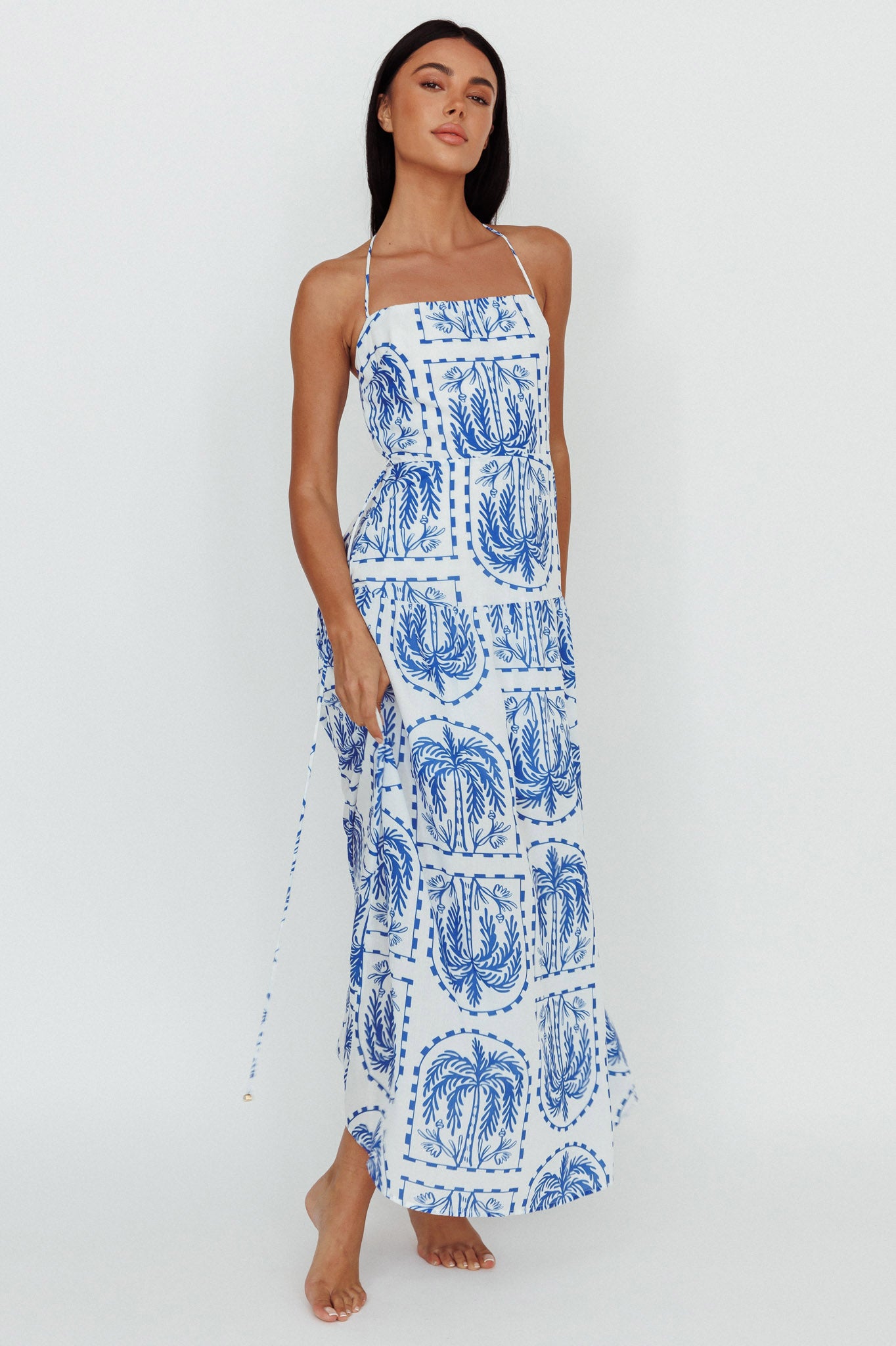 Shop the Natasia Halterneck Maxi Dress Palm Print Blue | Selfie Leslie