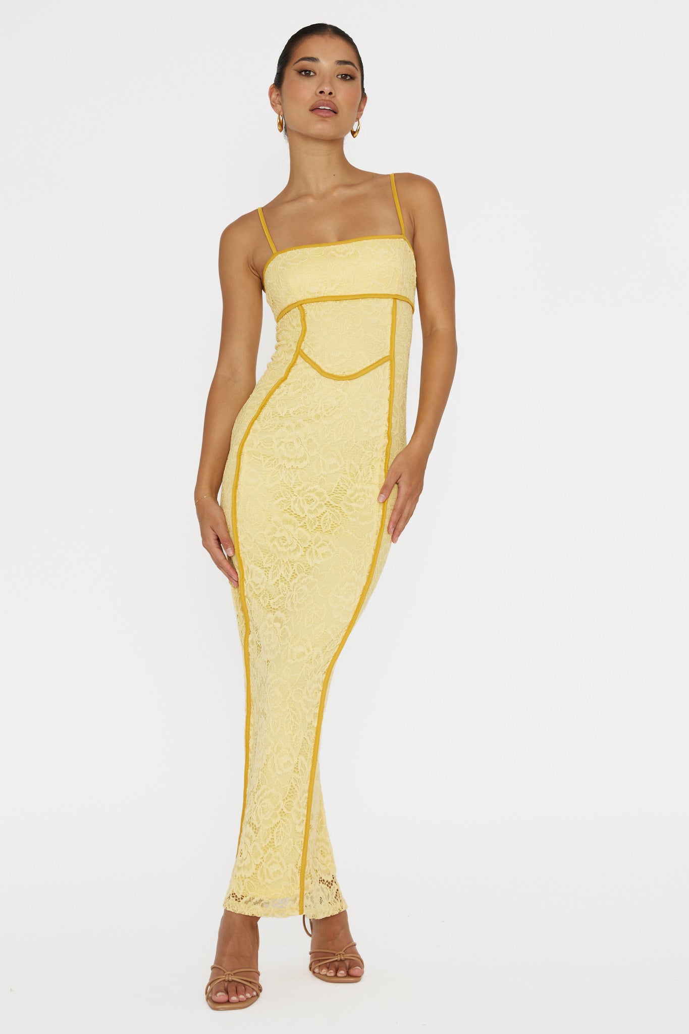 Shop the Inga Lace Piping Trim Midi Dress Yellow