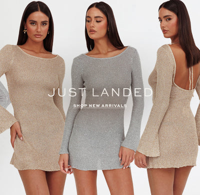 Girl wearing long sleeve mini dress. Just Landed. Shop New Arrivals