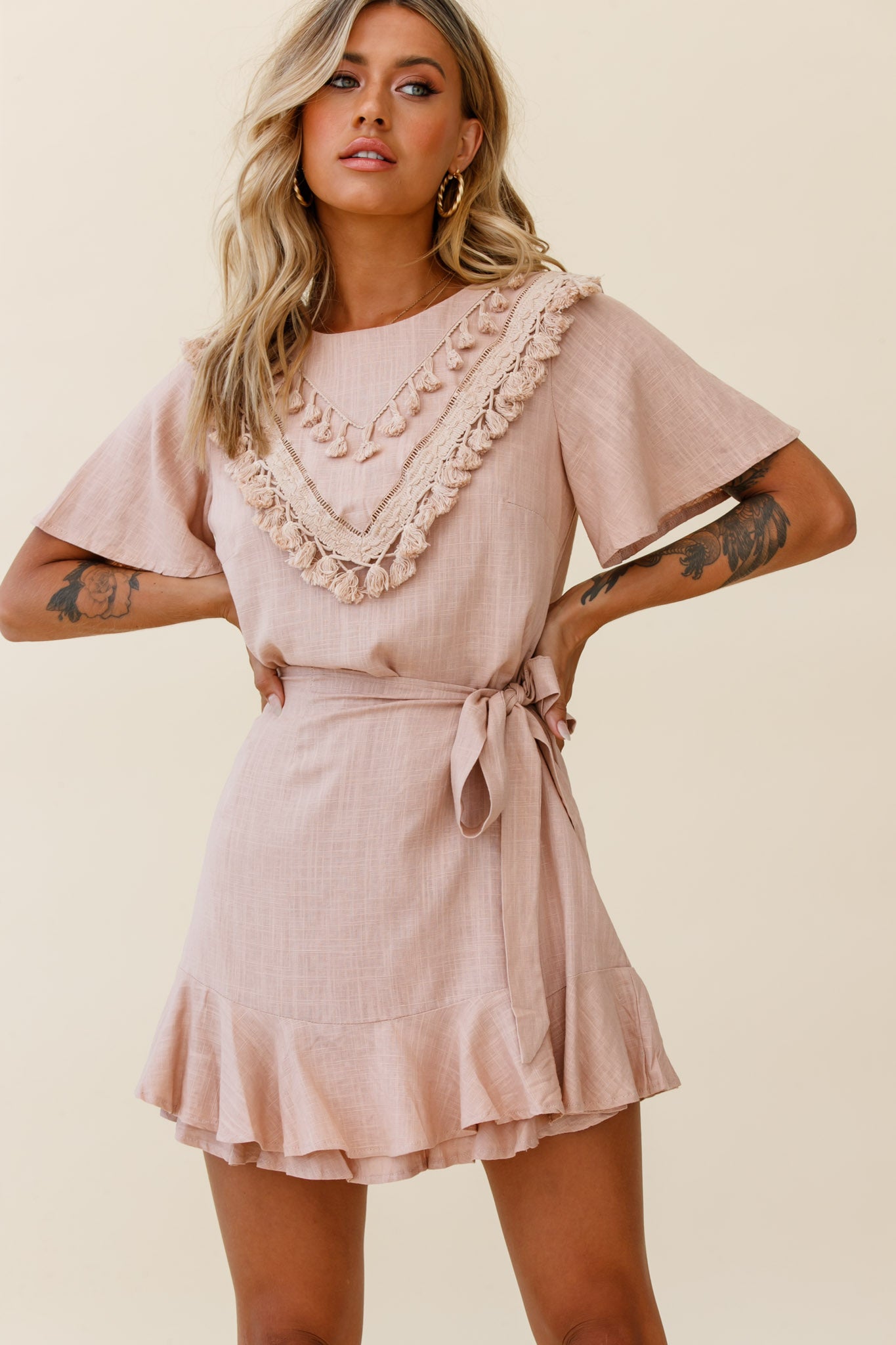 Shop the Angelique Tassel Bust Wrap Bottom Dress Mocha Selfie Leslie