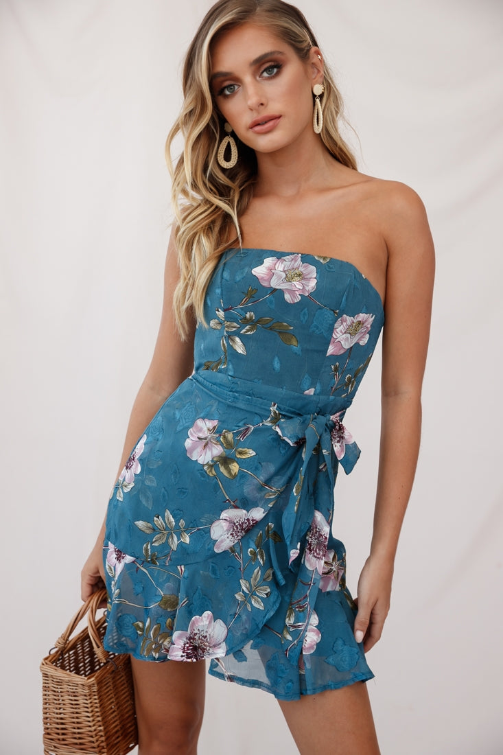 Shop the Banksia Bandeau Wrap Dress Floral Print Teal | Selfie Leslie