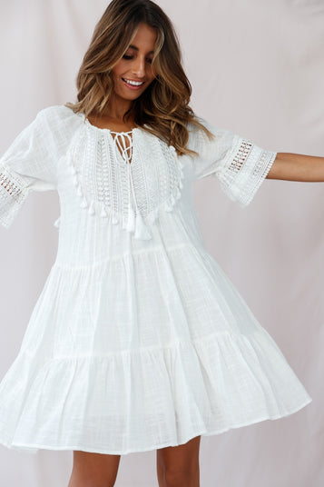 Shop the Jada Crochet and Tassel Kaftan Dress White | Selfie Leslie