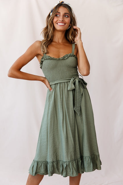 Shop the Honey Shirred Frill Midi Dress Olive | Selfie Leslie