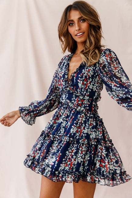 Shop the Laney Cutout Back Ruffle Detail Floral Dress Navy | Selfie Leslie