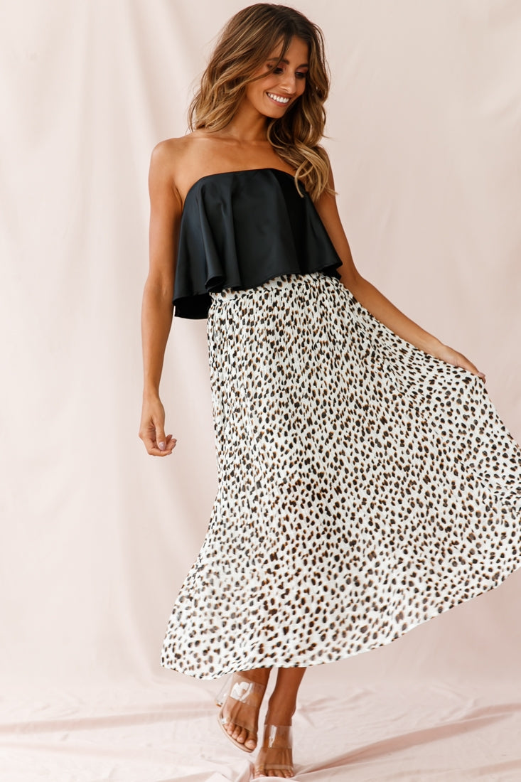 White leopard print 2025 pleated skirt midi dress