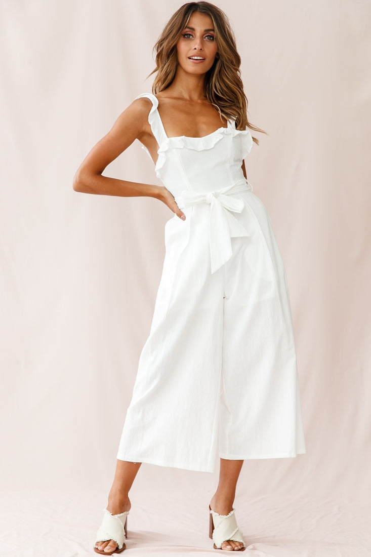 Shop the Kaia Ruffle Strap Wide-Leg Capri Jumpsuit White | Selfie Leslie