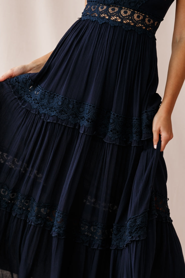 Shop the Indio Crochet Insert Deep V-Neckline Maxi Dress Navy | Selfie ...