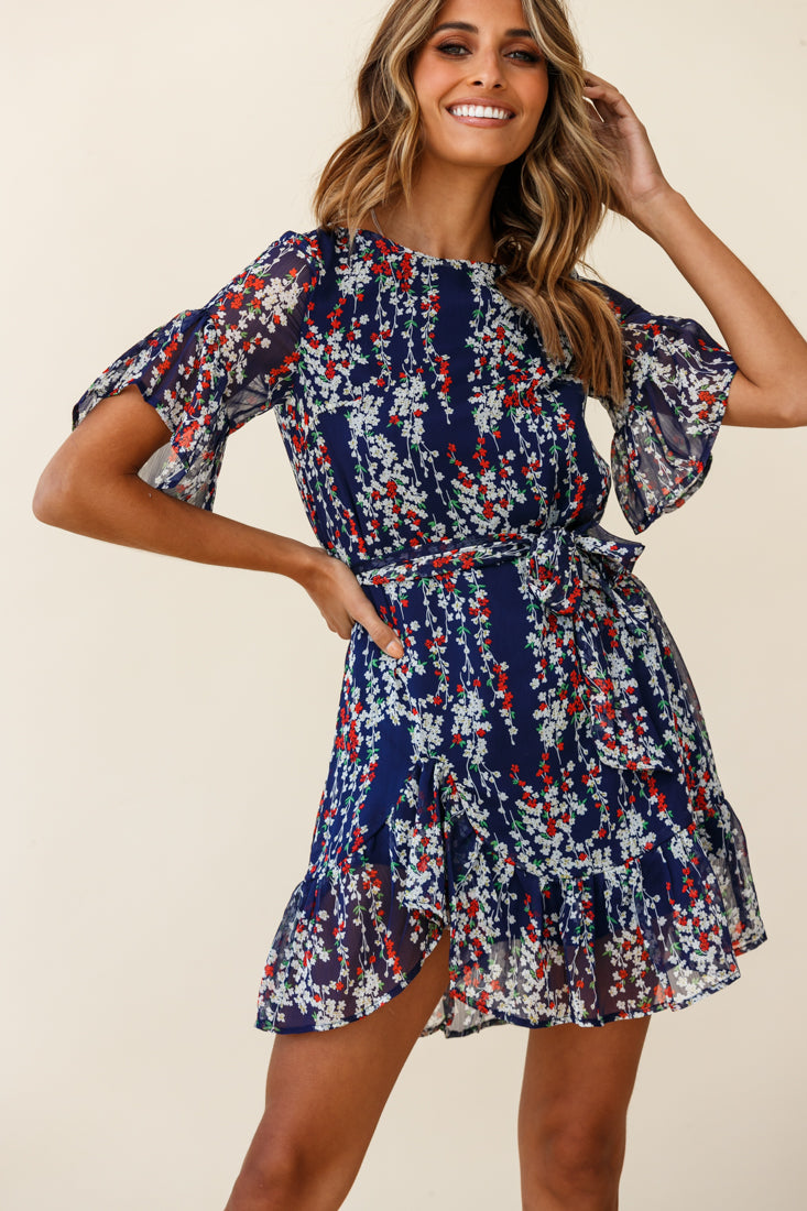 Shop the Azealia Ruffle Hem Dress Floral Print Navy | Selfie Leslie