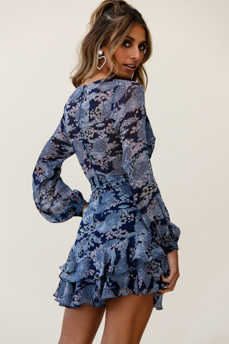 Shop the Kerry Layered Balloon Sleeve Dress Flower Pattern Navy ...