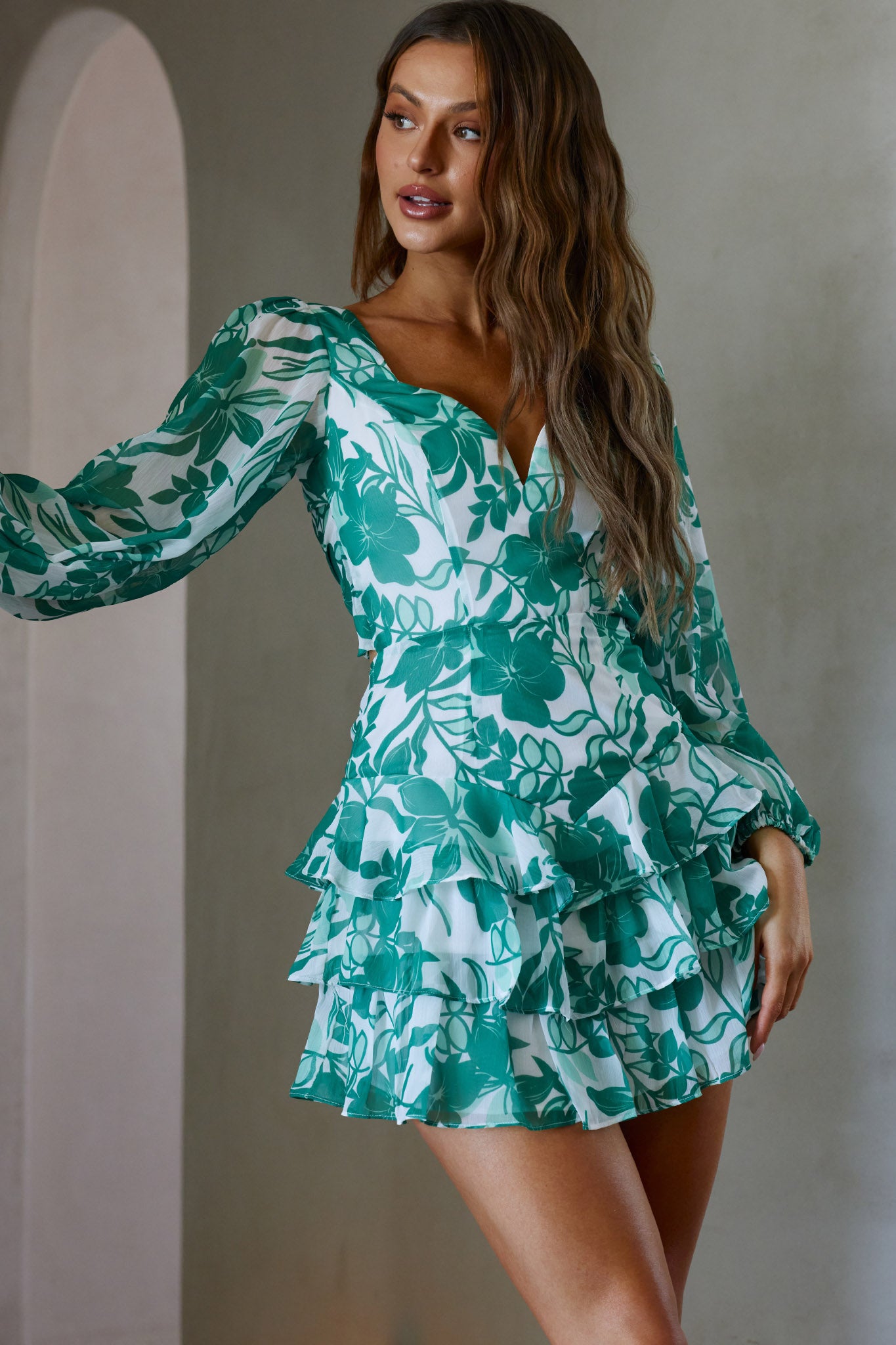 Shop The Romance Novel Long Sleeve Tied Back Floral Dress Green Selfie Leslie 1676