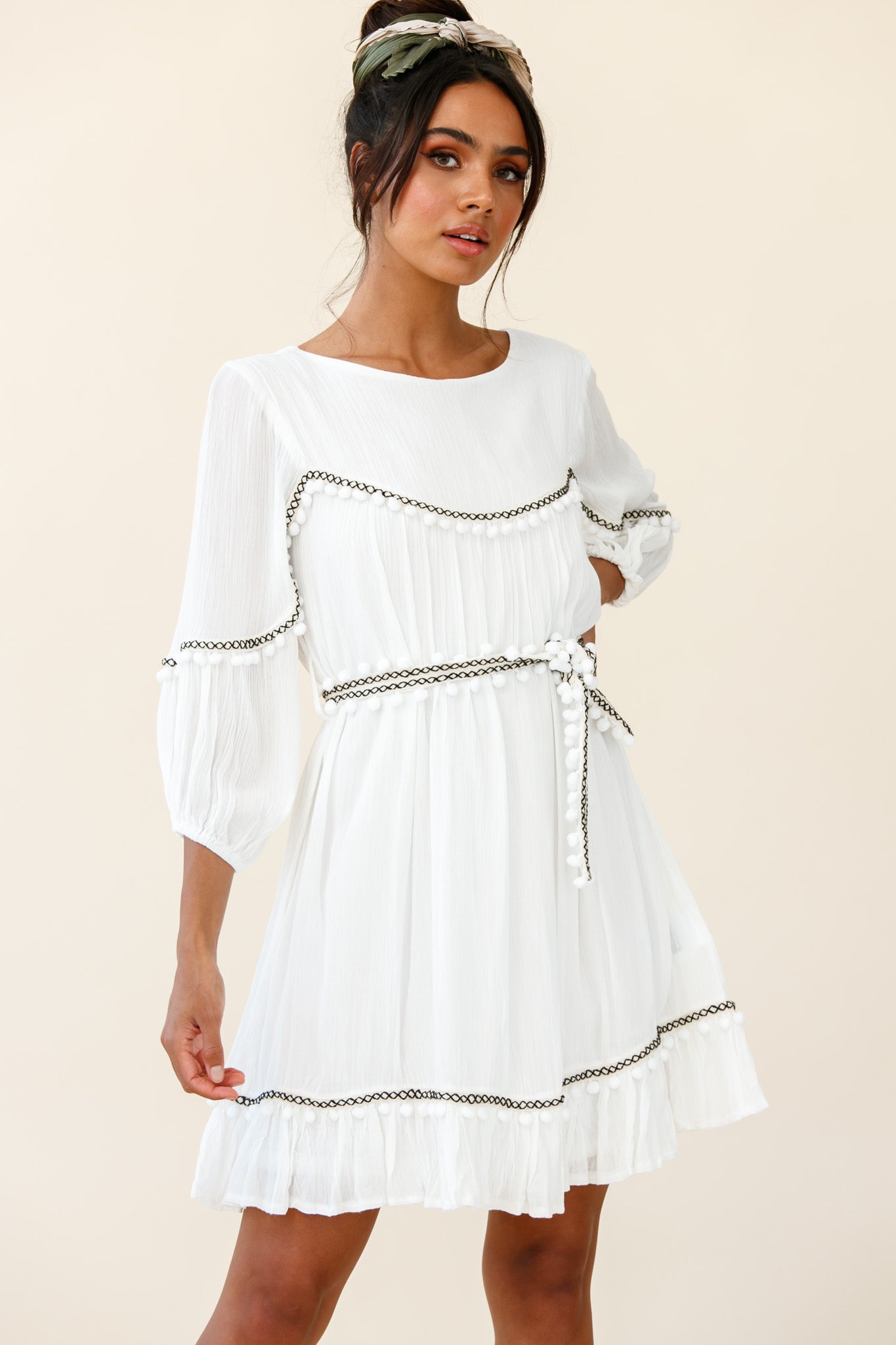 Sunflower Lace Pom Pom Trim Girl Dress in White – 2BUNNIES