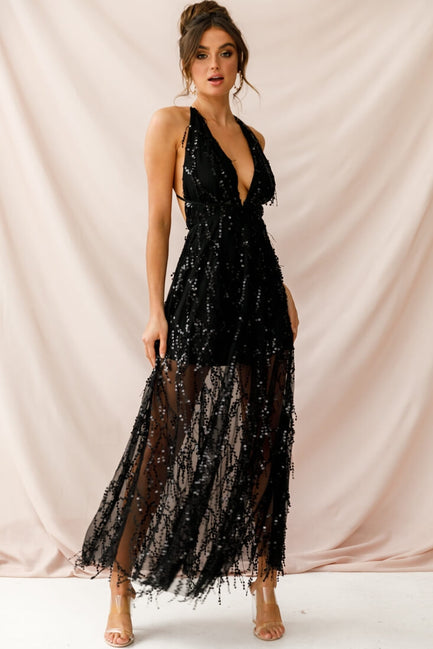 Shop the Tiara Sequin Maxi Dress Black | Selfie Leslie