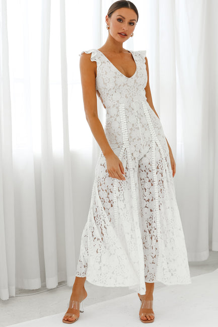 Shop the Take Note Laced-Back Frill Shoulder Lace Jumpsuit White ...