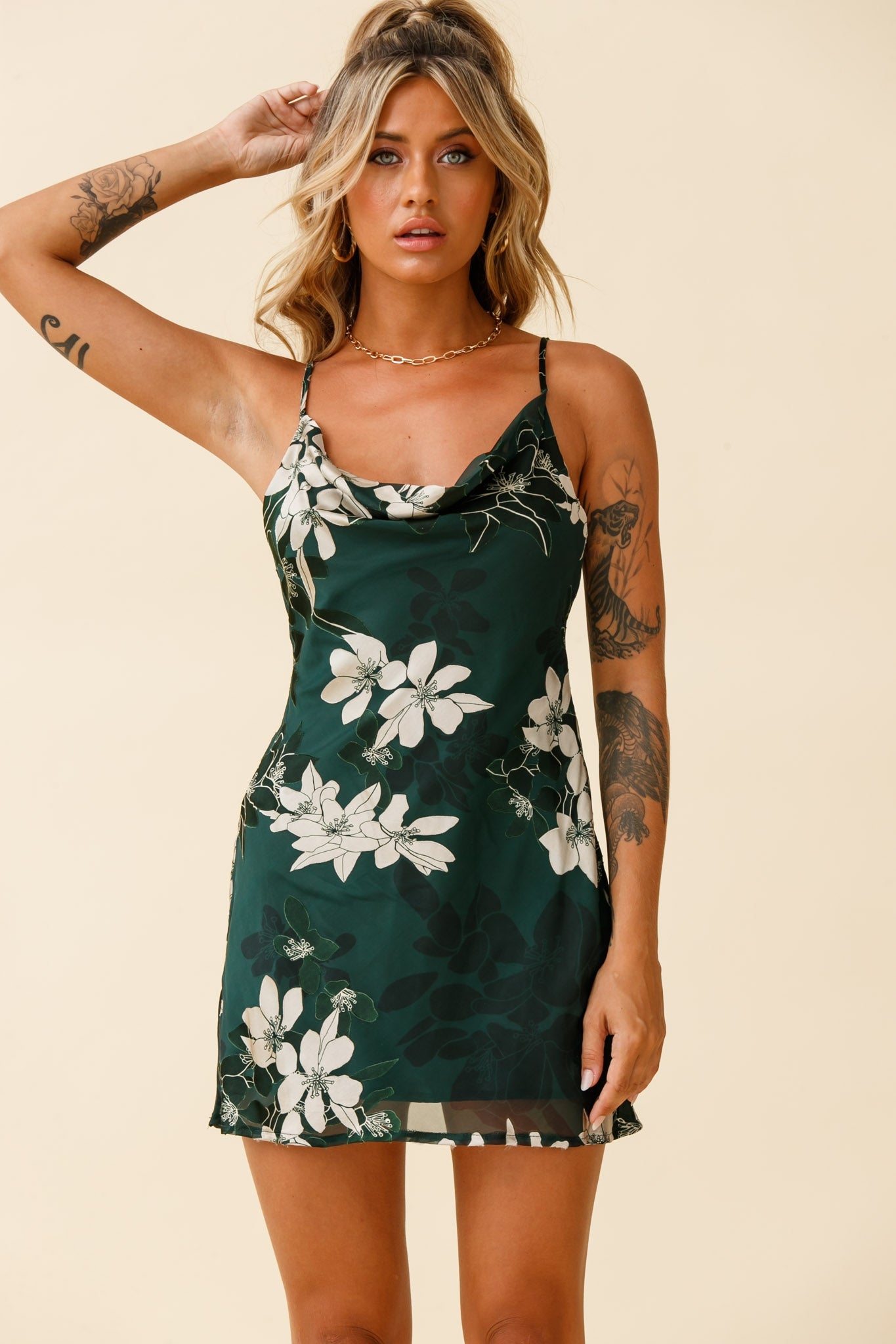 Shop the Show Me Love Cowl Neck Mini Dress Flower Print Green | Selfie ...