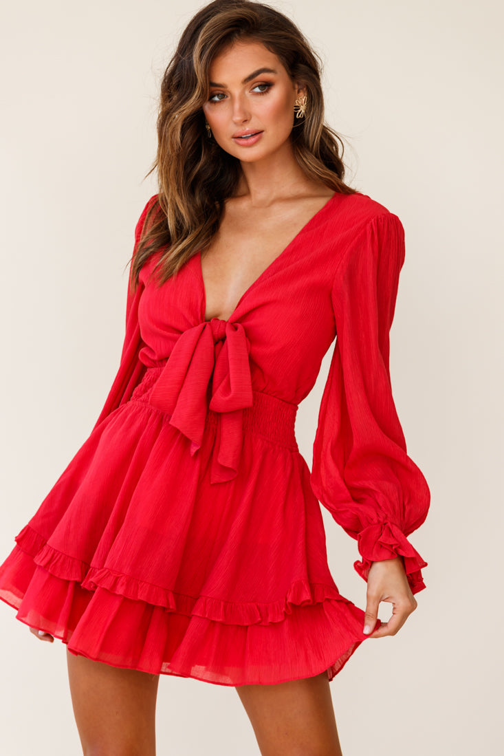 Shop the Anthea Bow-Tie Front Layered Frill Dress Red | Selfie Leslie