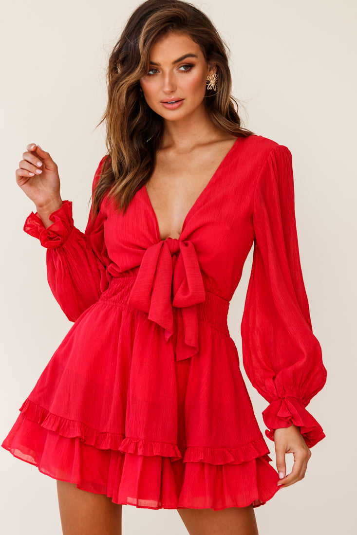 Shop the Anthea Bow-Tie Front Layered Frill Dress Red | Selfie Leslie