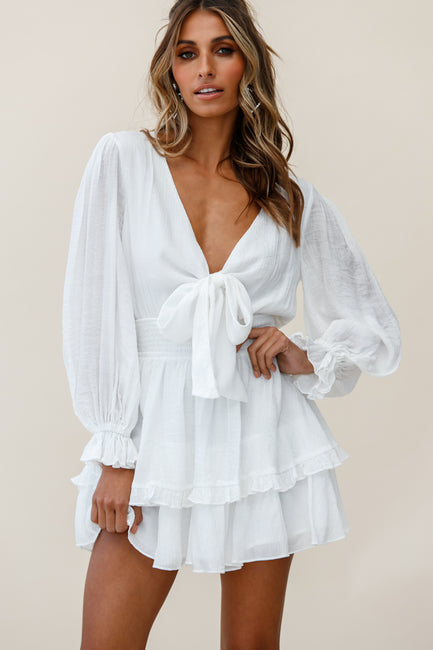 Shop the Anthea Bow-Tie Front Layered Frill Dress White | Selfie Leslie