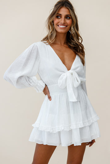 Shop the Anthea Bow-Tie Front Layered Frill Dress White | Selfie Leslie