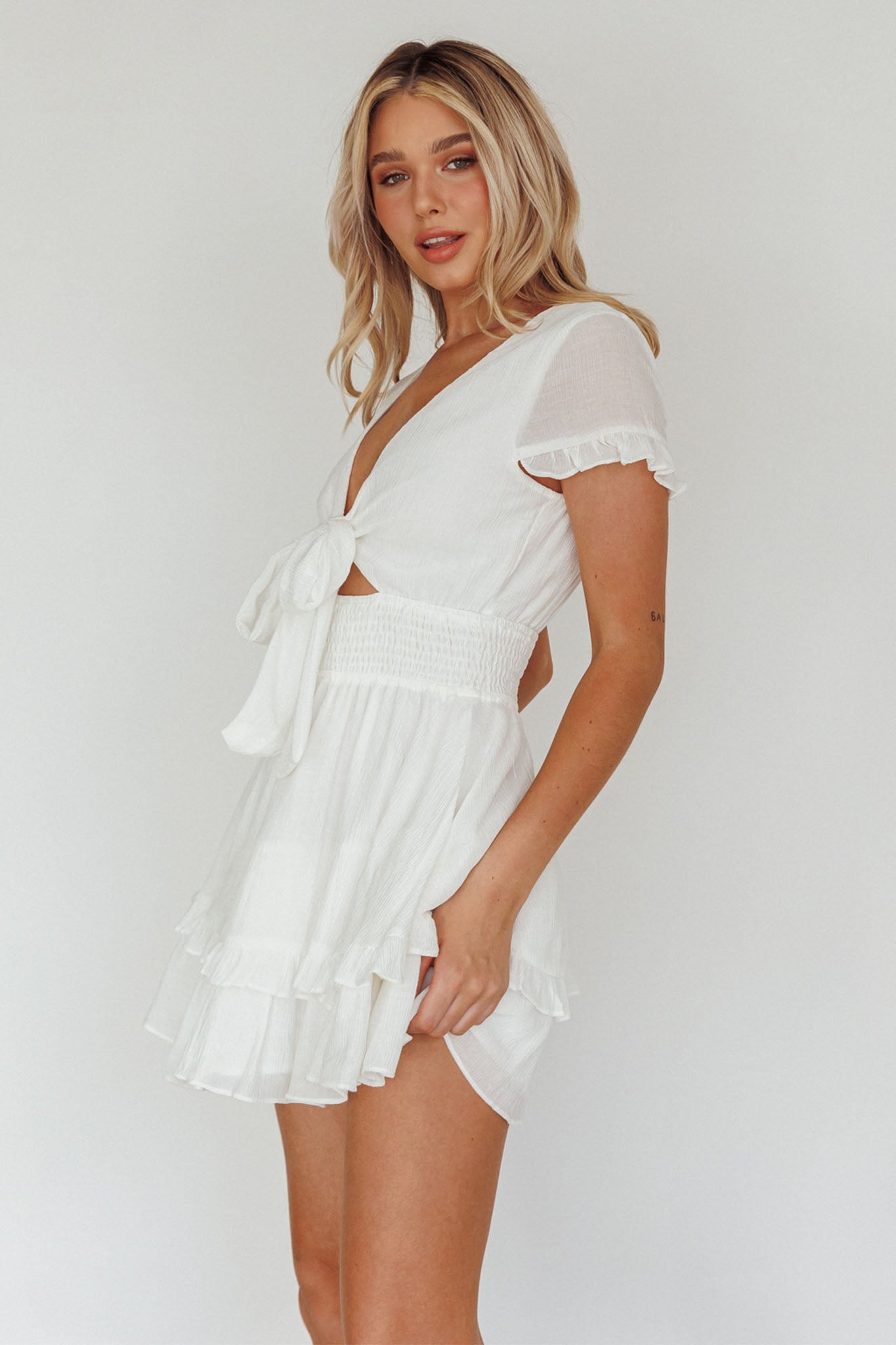 Shop the Anthea Bow-Tie Short Sleeve Frill Dress White | Selfie Leslie