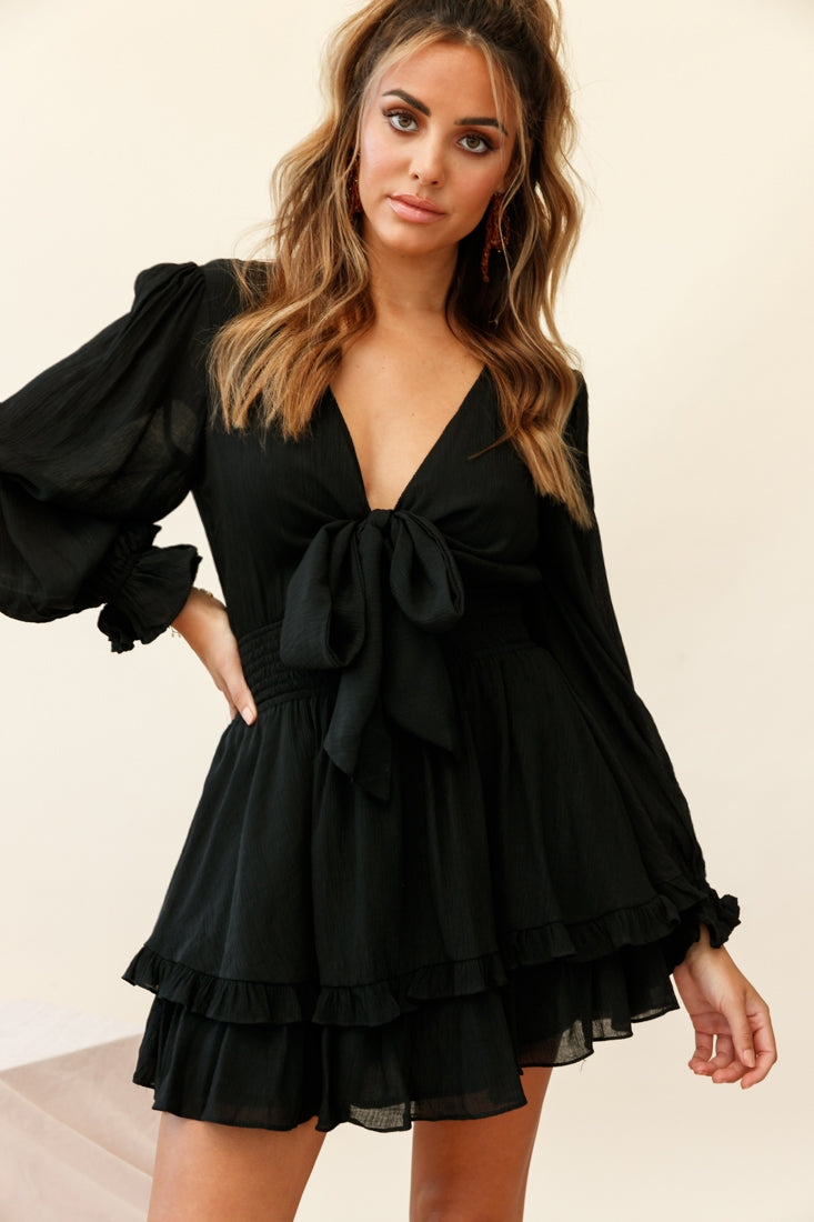 Shop the Anthea Bow-Tie Front Layered Frill Dress Black | Selfie Leslie