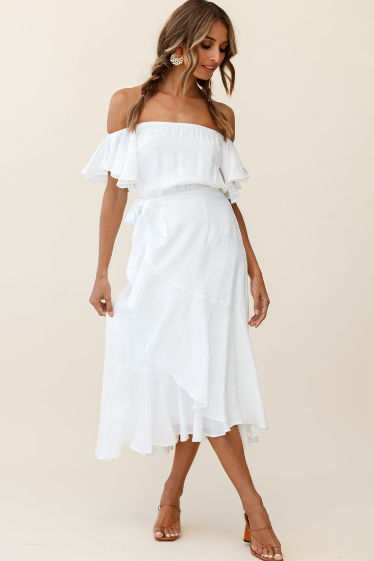 Shop the Bettina Bardot Neckline Faux-Wrap Midi Dress White | Selfie Leslie