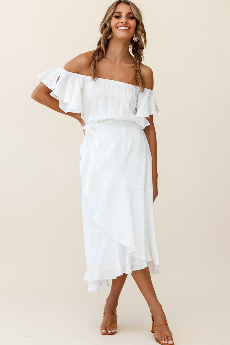 Shop The Bettina Bardot Neckline Faux-wrap Midi Dress White 