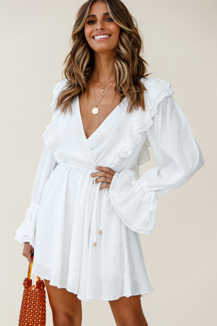 Shop the Adina Fluted Long Sleeve Frill Detail Dress White | Selfie Leslie