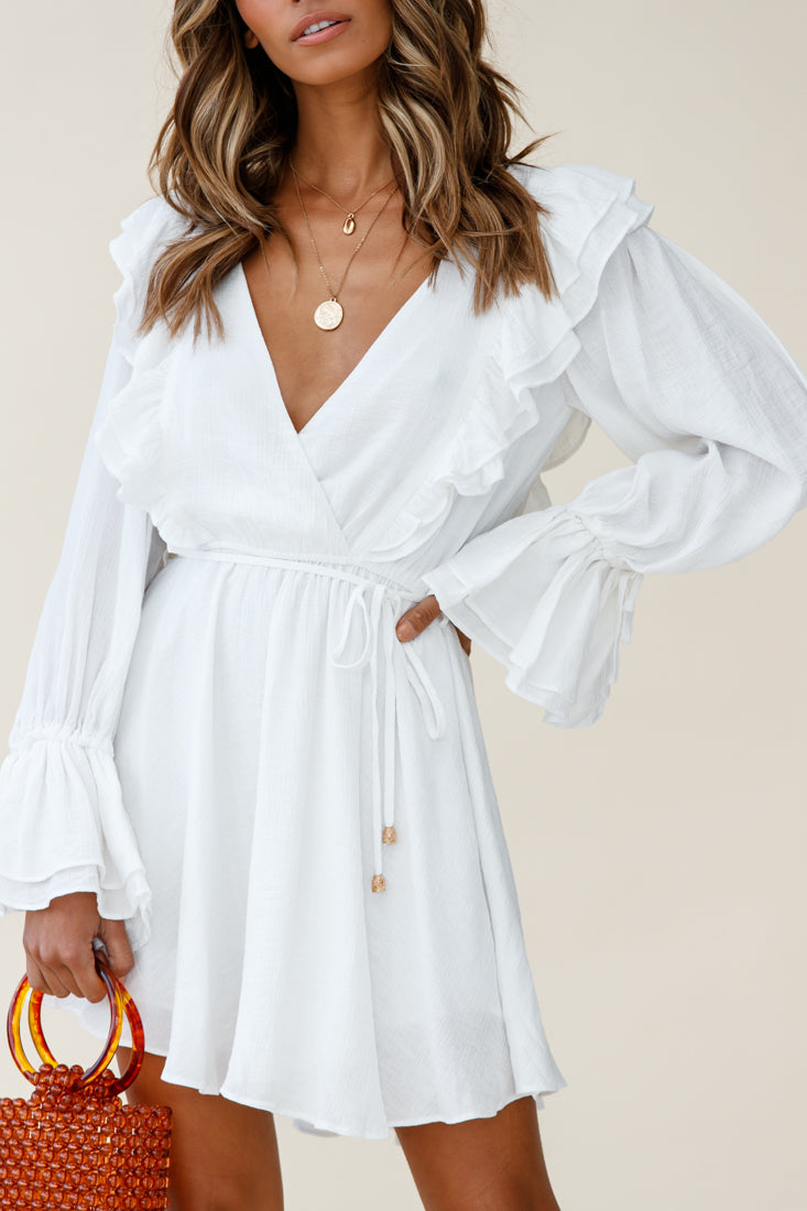 Shop the Adina Fluted Long Sleeve Frill Detail Dress White | Selfie Leslie