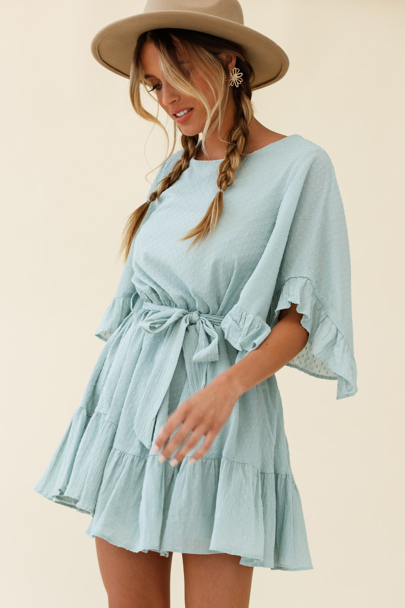 Shop the Joni Batwing Sleeve Waist Tie Dress Sage Selfie Leslie