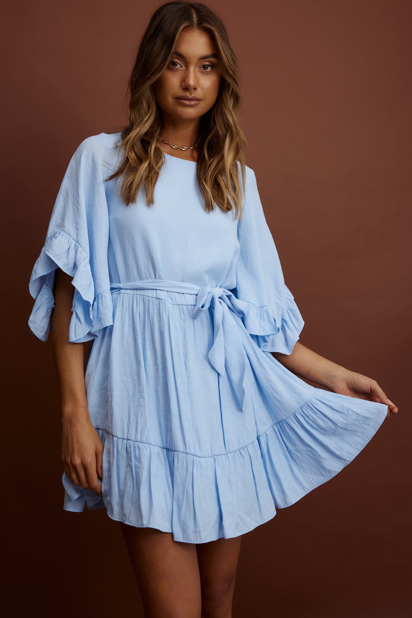 Ruffle batwing sleeve waist tie dress sales