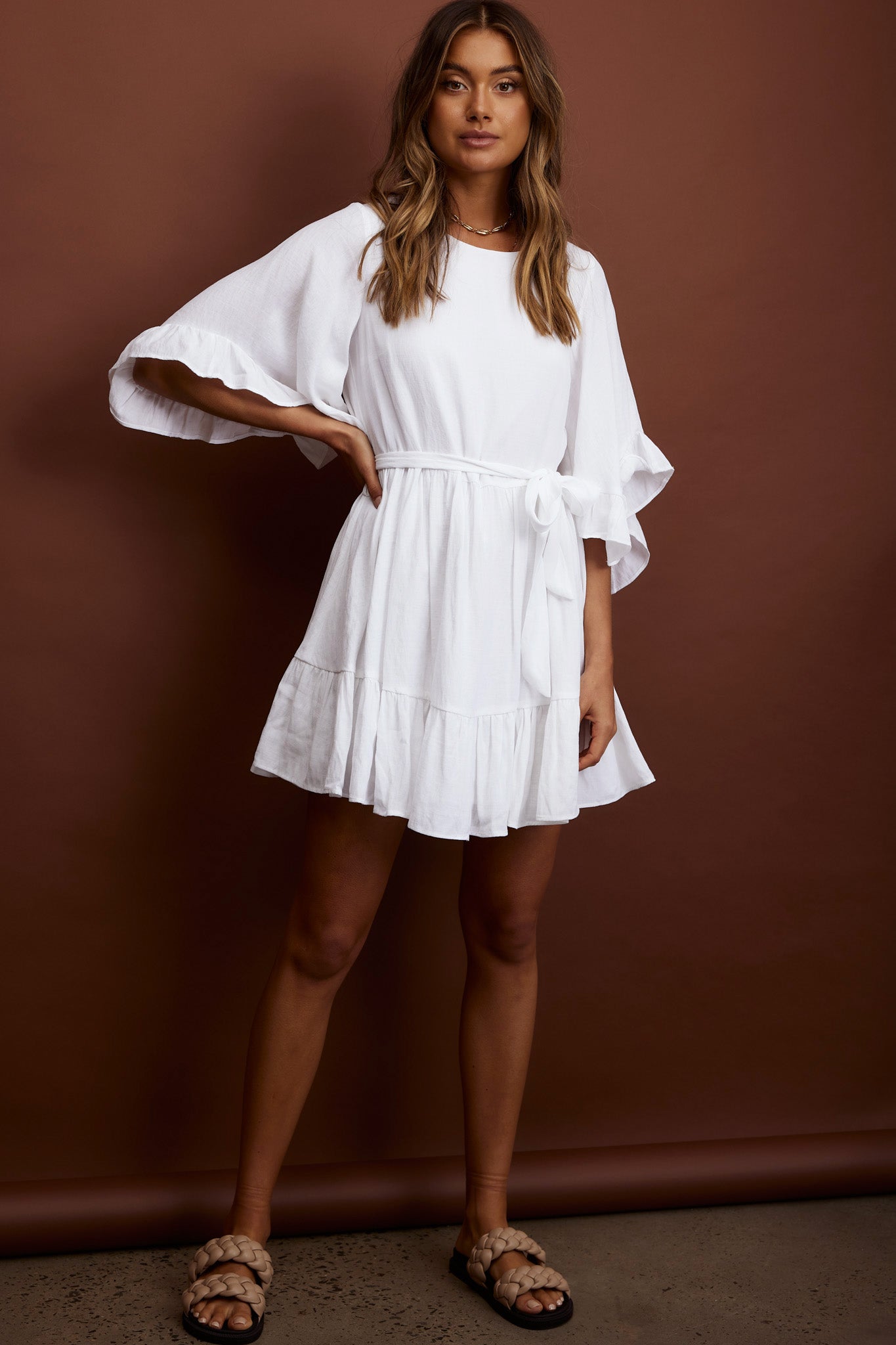 Shop the Joni Batwing Sleeve Waist Tie Dress Ruffle White | Selfie 