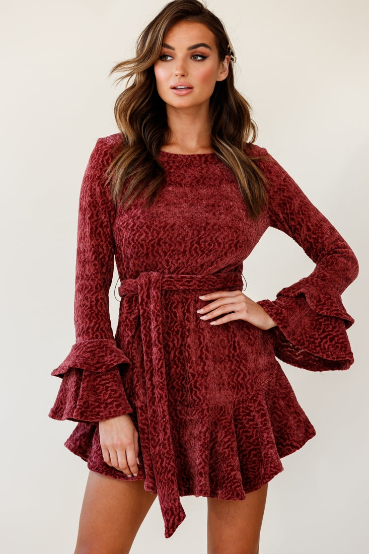 Shop the Saphira Long Sleeve Fluted Hem Knit Dress Rose | Selfie Leslie