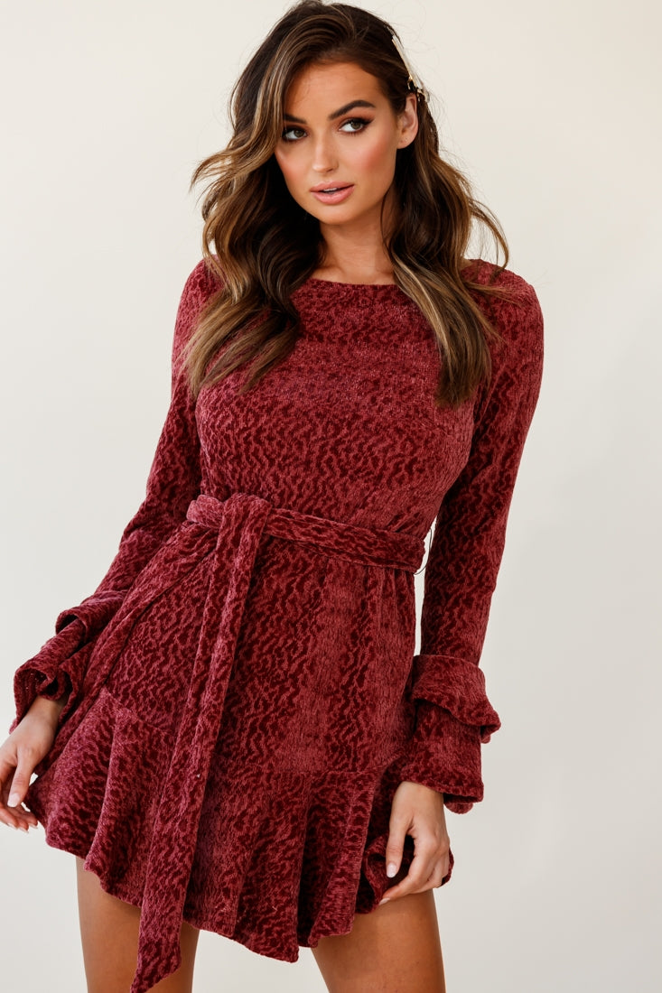 Shop the Saphira Long Sleeve Fluted Hem Knit Dress Rose | Selfie Leslie