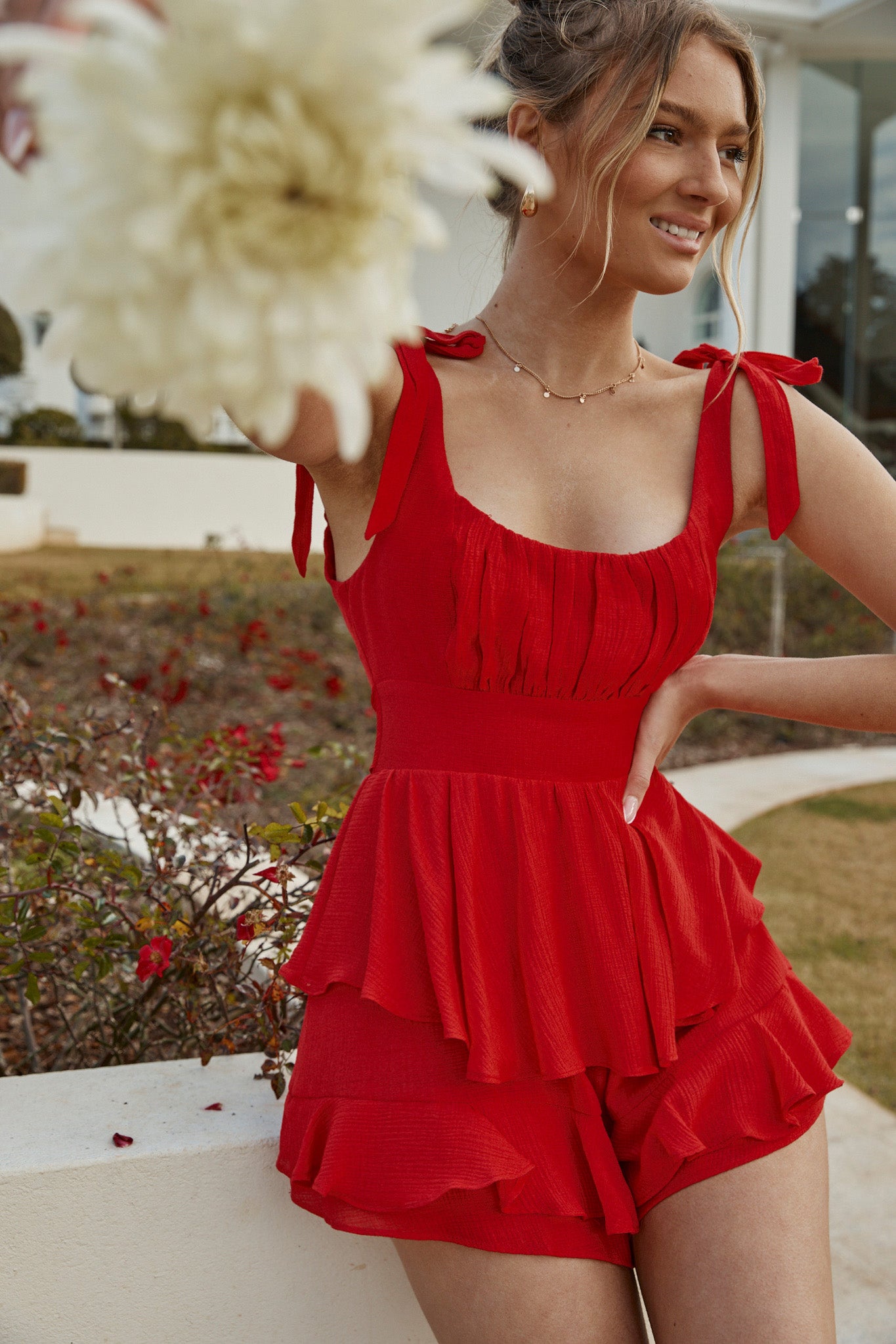 Shop the Wendy Tied Shoulder Ruched Bust Layered Ruffle Romper Red ...