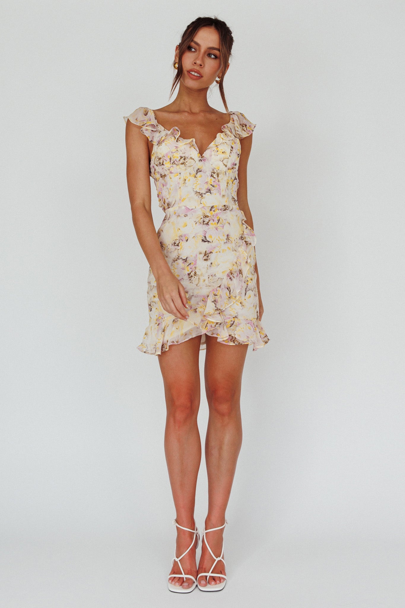 Shop the Make Memories Frill Strap Mini Dress Floral Yellow | Selfie Leslie