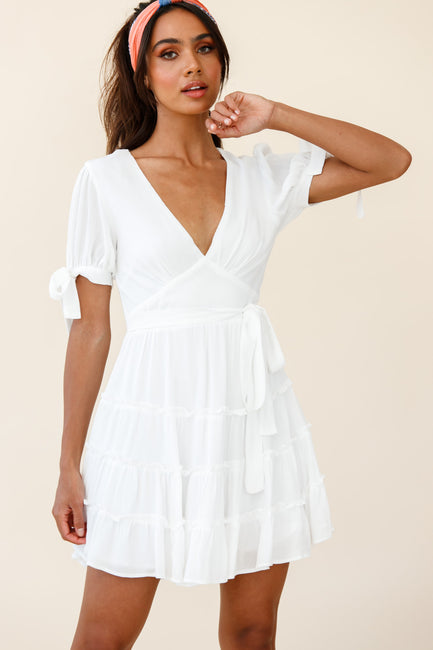 Shop the Jocelyn Short Sleeve Tied Cuff Layered Ruffle Dress White ...