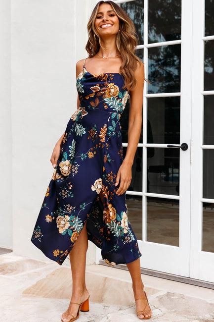 Shop the Suki Front Split Midi Dress Oriental Floral Print Navy ...