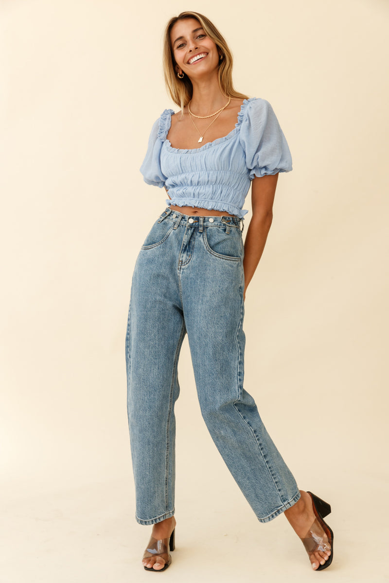 Shop the Romantics Shirred Bodice Puff Sleeve Crop Top Blue | Selfie Leslie