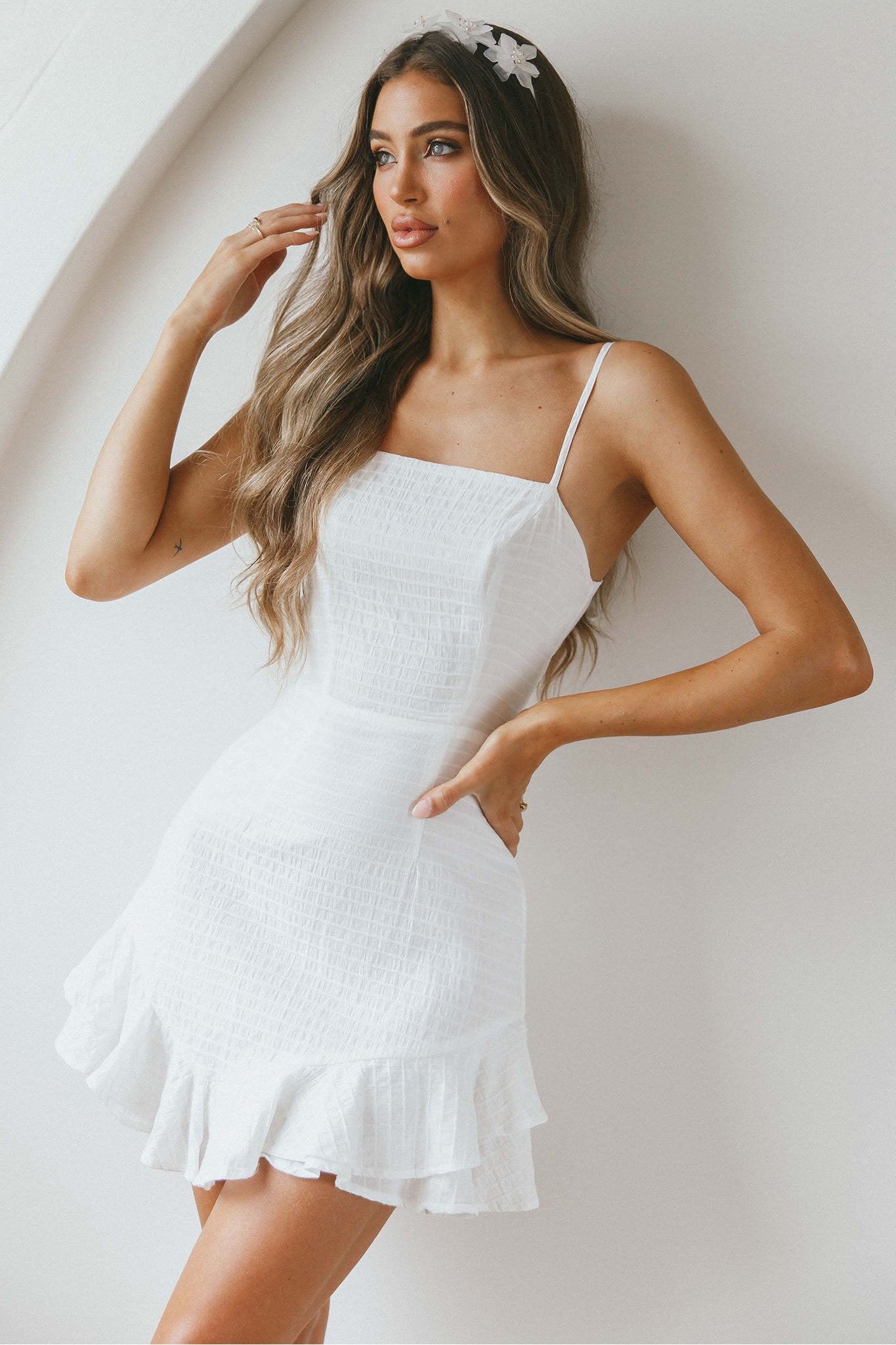 Moonlit Night Ruffle Strap Cut-Out Back Dress White