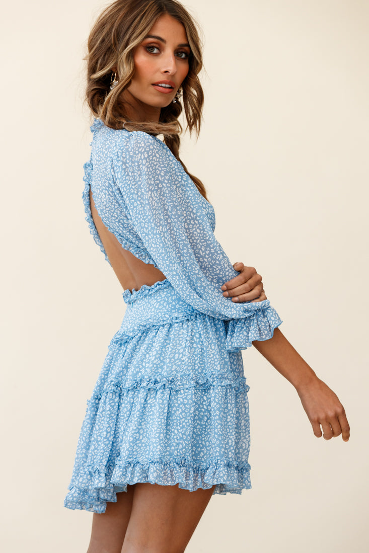 Shop the Laney Cutout Back Balloon Sleeve Dress Speckle Print Blue ...