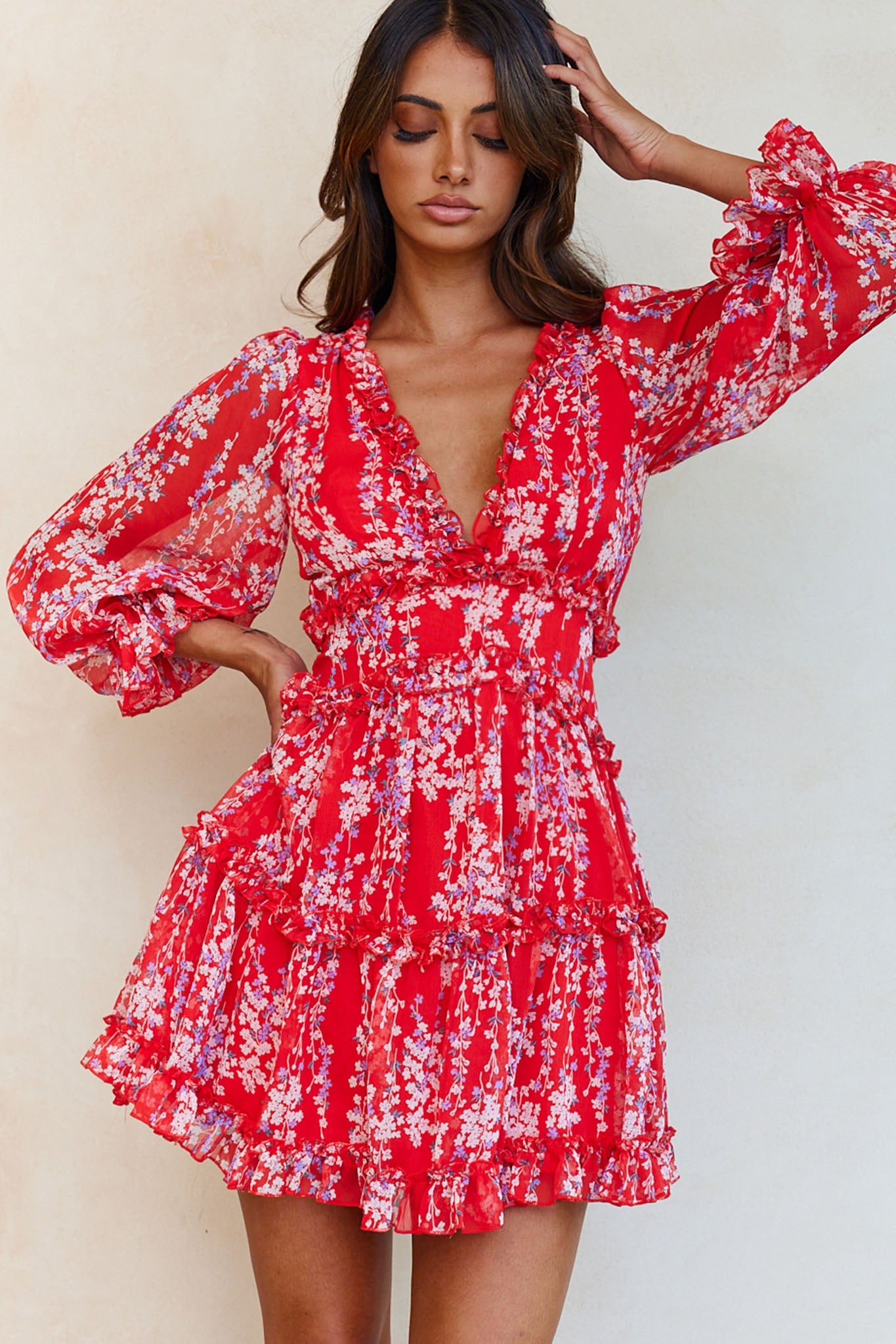 Shop the Laney Cutout Back Ruffle Detail Floral Dress Red | Selfie Leslie