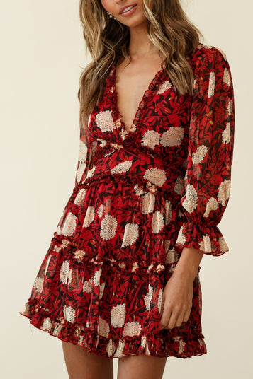 Shop the Laney Cutout Back Ruffle Trim Dress Floral Print Red | Selfie ...