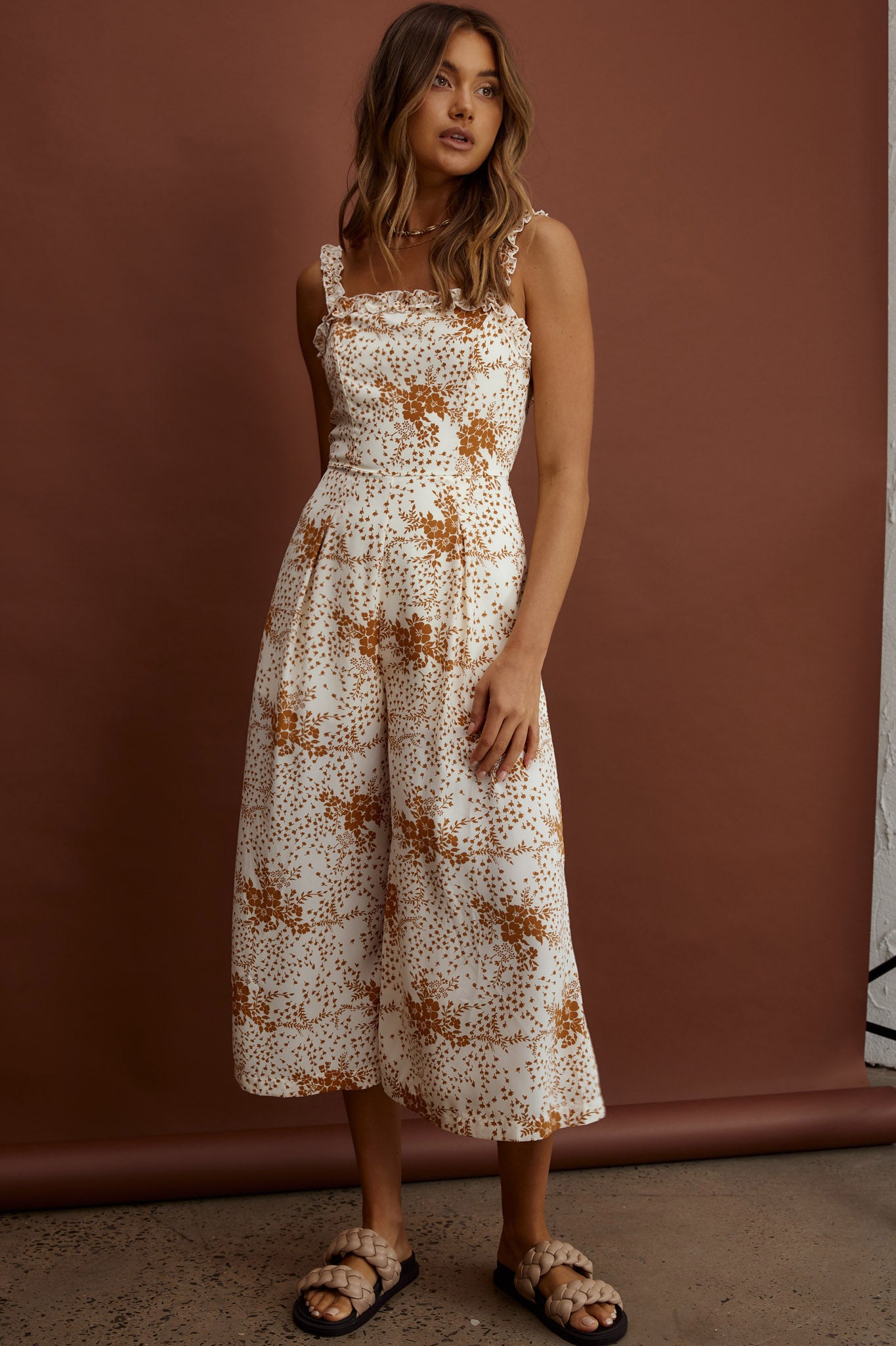 Shop the Magdalene Frill Strap Midi Jumpsuit Vintage Floral Tan | Selfie  Leslie