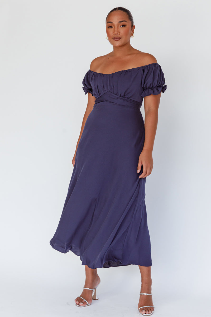 Shop the Linka Off-Shoulder Tie Back Midi Dress Navy | Selfie Leslie