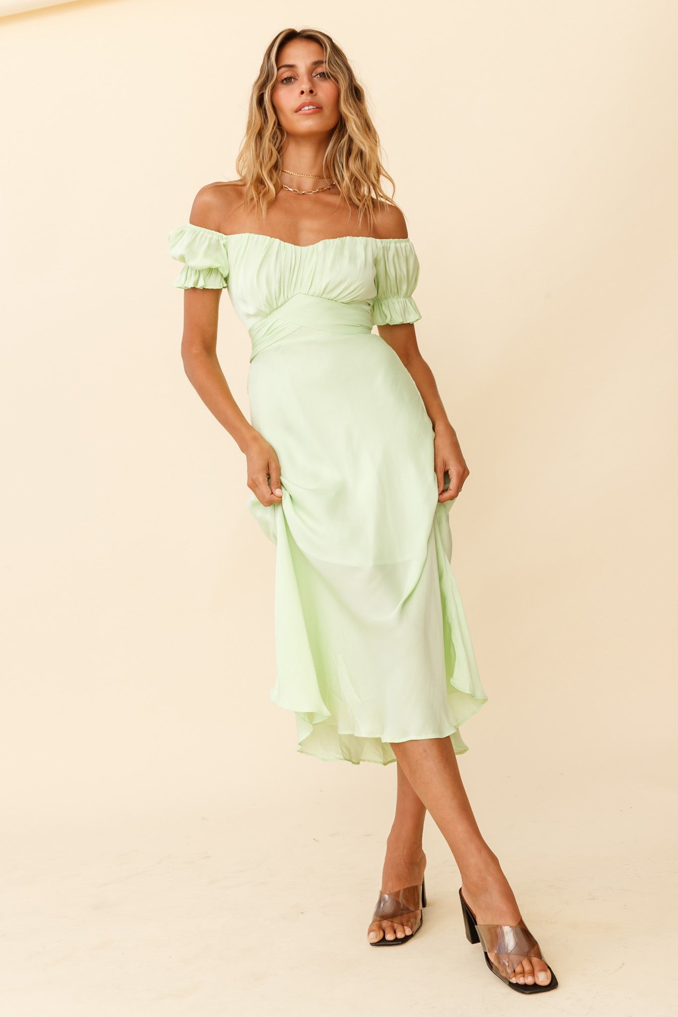 Shop The Linka Off Shoulder Tie Back Midi Dress Apple Selfie Leslie 0046