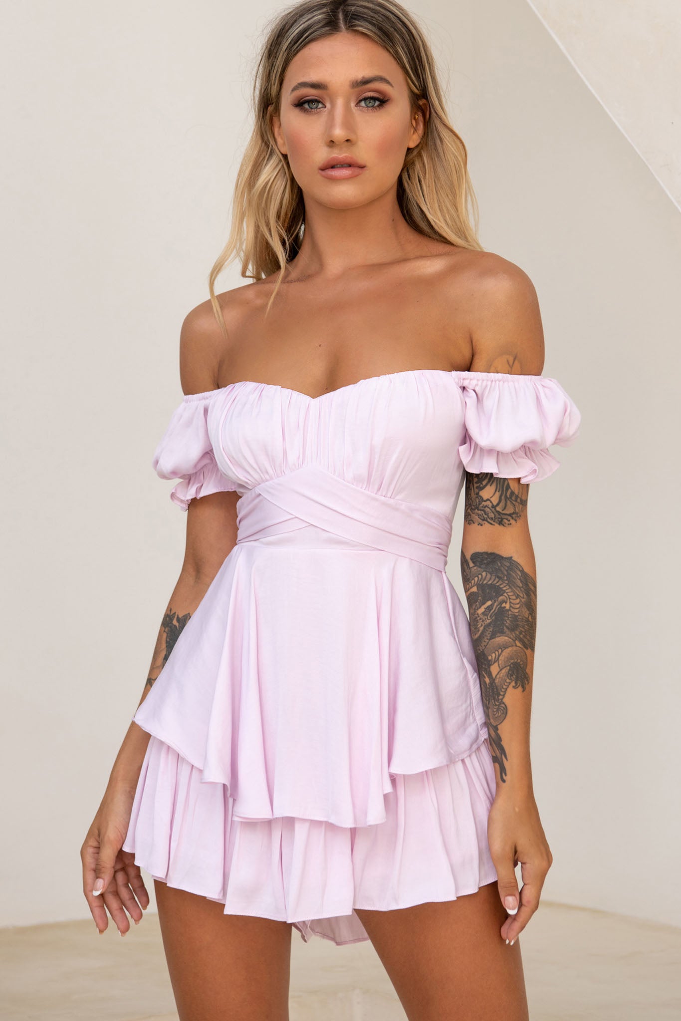 Shop The Linka Off Shoulder Tie Back Romper Light Lilac Selfie Leslie 2382