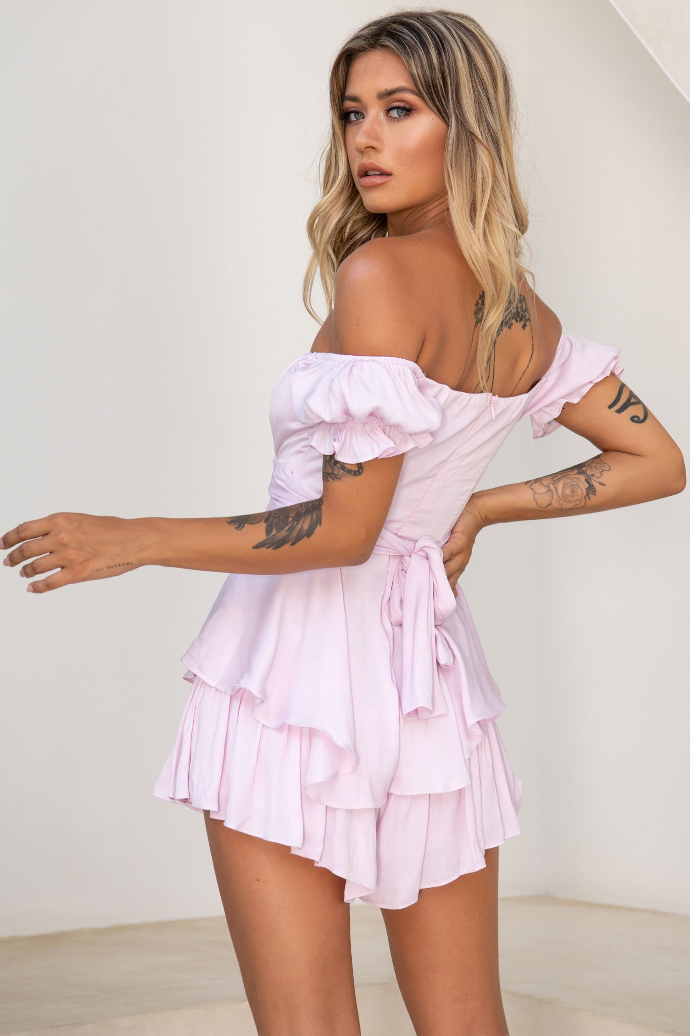 Shop The Linka Off Shoulder Tie Back Romper Light Lilac Selfie Leslie 0287