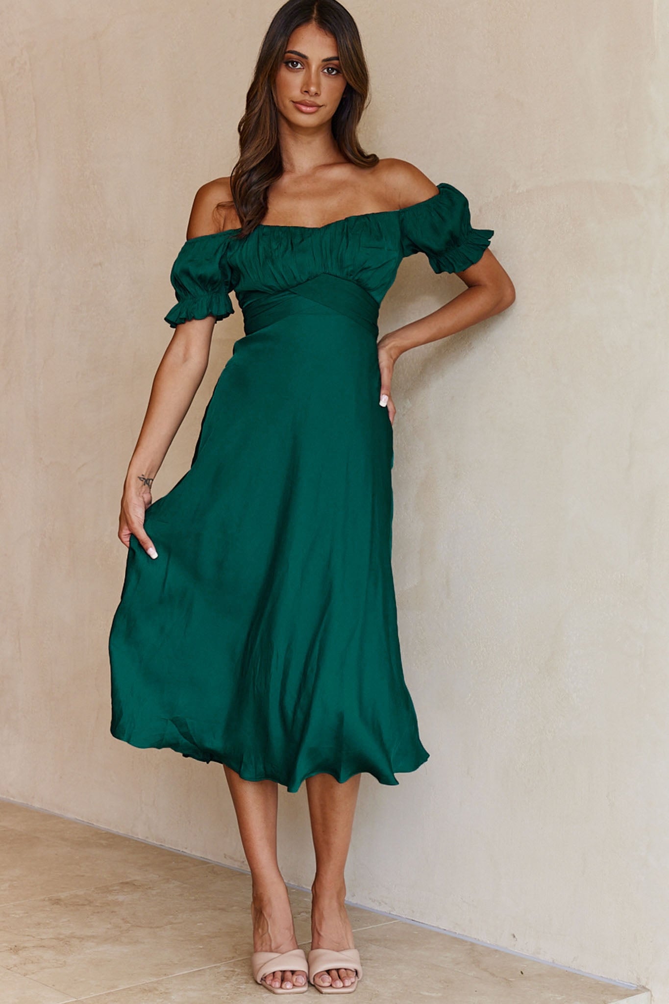 Dark Green Off-Shoulder Frill Midi Dress