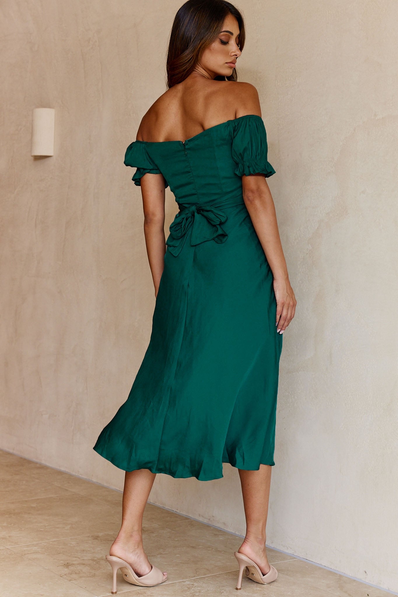 Shop The Linka Off Shoulder Tie Back Midi Dress Forest Green Selfie Leslie 5429