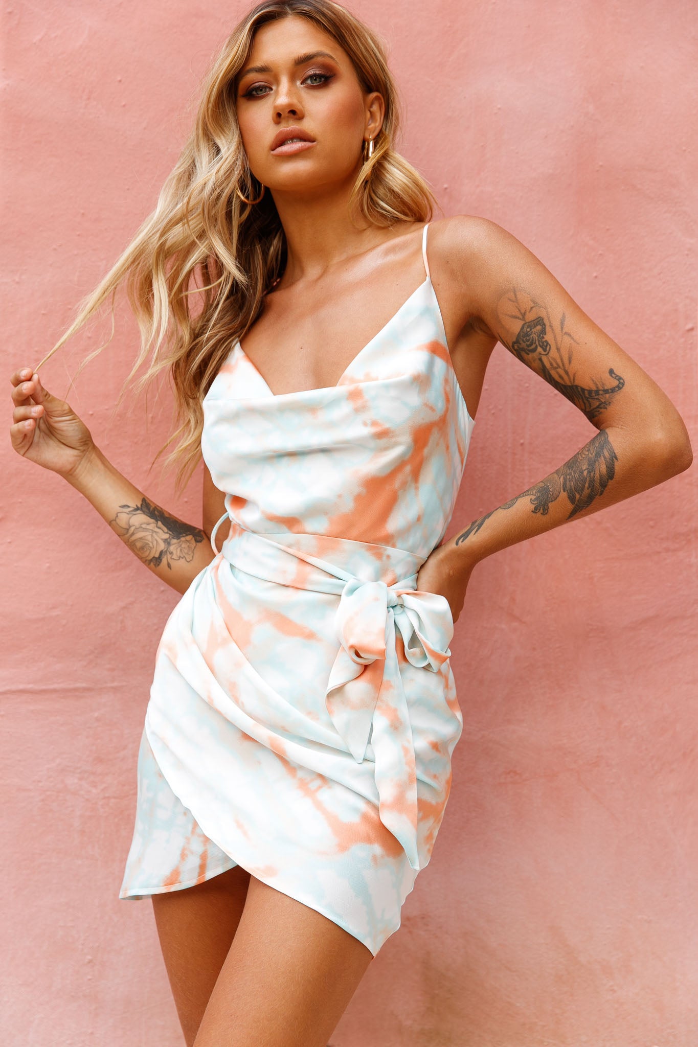 Shop the Bebe Satin Cowl Neck Wrap Dress Tie-Dye Orange